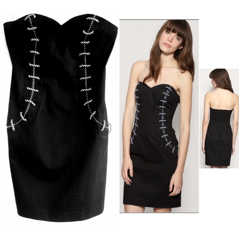Strapless sheath dress 8 Cotton Black White trim Reiss Sweetheart neck Sexy